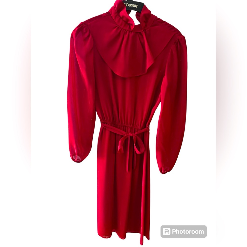 Vintage 1980’s Rust Chiffon Long Sleeve Dress with Rust Metallic Thread. Size=7